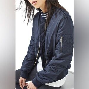 Topshop Dark Blue Bomber Jacket With SOFT Faux Fur Lining & Silver Hardware